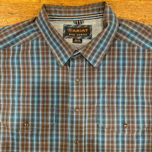 Ariat Pro Series Blue Brown Plaid Long Sleeve Pearl Snap Western Shirt Men's 2XL
